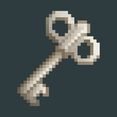 silver key in pixel art style with isolated background