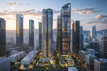 Obraz premium Innovative City Skyline Featuring Tall Buildings and Advanced Battery Tech for Smart Energy Solutions