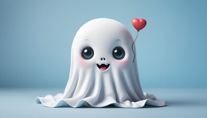 Obraz premium Cute cartoon ghost with a heart balloon