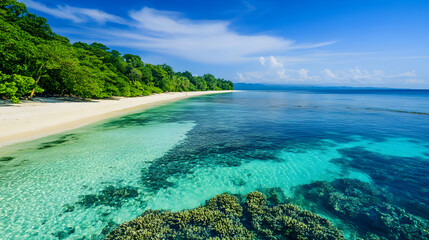 Stunning Tropical Beach Landscape: Azure Ocean White Sand Lush Greenery