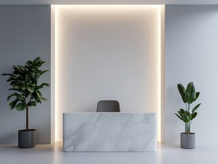 Reception area with marble desk and plants