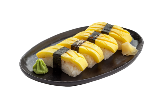 Sweet Tamago Sushi Delight Isolated On White Background.