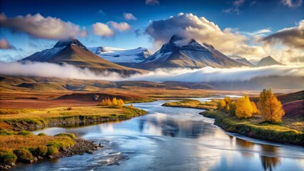 Serene Autumn River Valley with Majestic Mountains and Misty Peaks at Sunrise