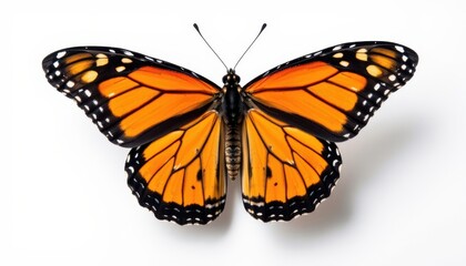 Fototapeta premium One beautifully detailed monarch butterfly, wings fully spread, centered against a pure white background (RGB 255,255,255), extremely sharp focus with clean wing edges, no background noise