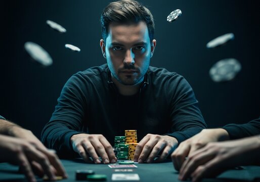 Poker player with serious expression, poker chips flying in the air, gambling concept, casino, poker game, risk, win, success.