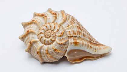 Obraz premium One large, detailed seashell, spiral shaped, centered precisely on a pure white background (RGB 255,255,255), crisp sharp texture, no shadows or surrounding objects, clean cut out ready