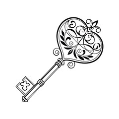 Vintage Ornamental Key with Heart Shape Design .