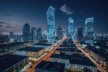 Obraz premium Sustainable Urban Skylines Innovative Nighttime Architecture and Smart Grid Technology
