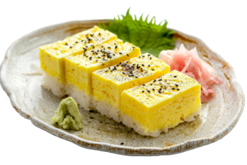 Elegant Tamago Sushi Platter Isolated On White Background.