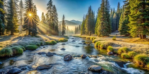 Serene Sunrise over a Gently Flowing River in a Pristine Coniferous Forest
