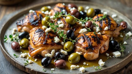 Grilled chicken thighs are plated with olives, thyme and cheese crumbles in a close up food shot.