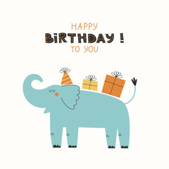 Creative greeting Birthday card with funny elephant and presents. Happy Birthday card or poster template design.