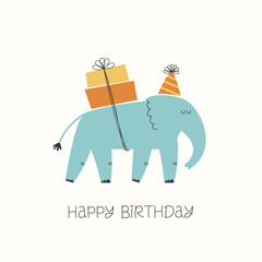 Creative greeting Birthday card with funny elephant and presents. Happy Birthday card or poster template design.