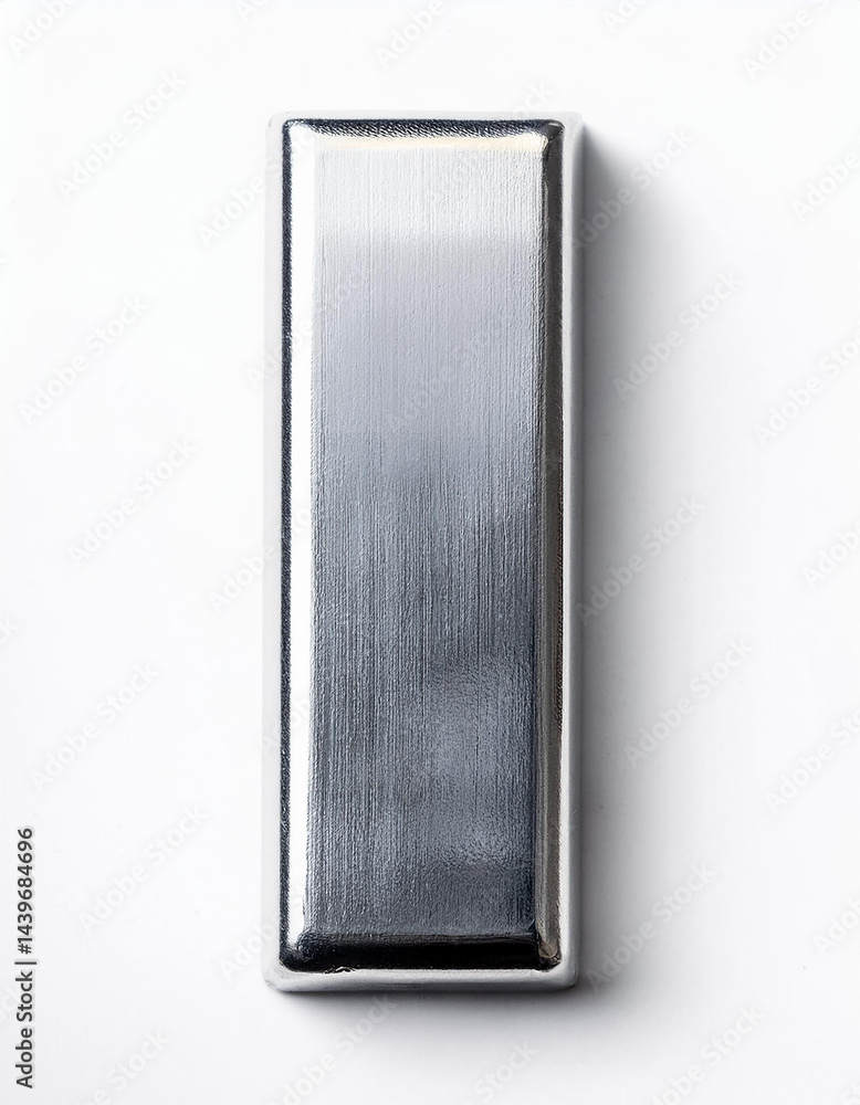 Poster silver metal bar rests on white. rectangular shape with rounded edges. bright surface reflects light