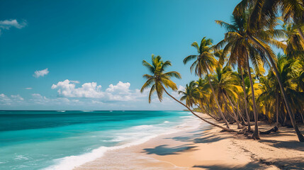 Obraz premium Serene Tropical Beach: Palm Trees Azure Ocean and White Sand Paradise