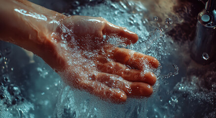 Fototapeta premium Hand is submerged in flowing water, creating bubbles and splashes, evoking sense of freshness and cleanliness