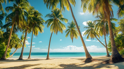 Obraz premium Tranquil Tropical Beach: Palm Trees Azure Ocean and White Sand Paradise