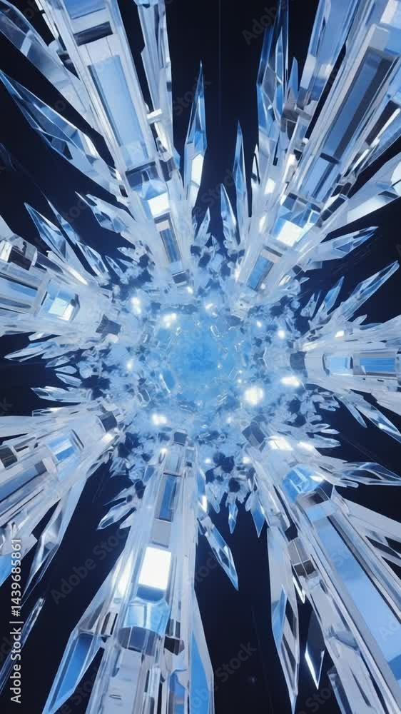 Poster crystal structure growing in lab under cold blue light and robotic control.