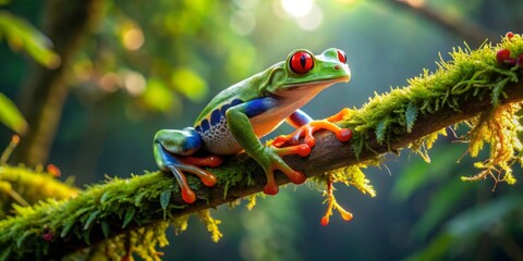 Naklejka premium Vibrant amphibian perched on a moss-covered branch bathed in sunlight, showcasing its striking colors and captivating gaze in a lush, green rainforest environment