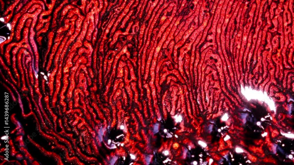 Poster substances mixing in macro, showcasing intricate patterns and textures in vibrant red hues