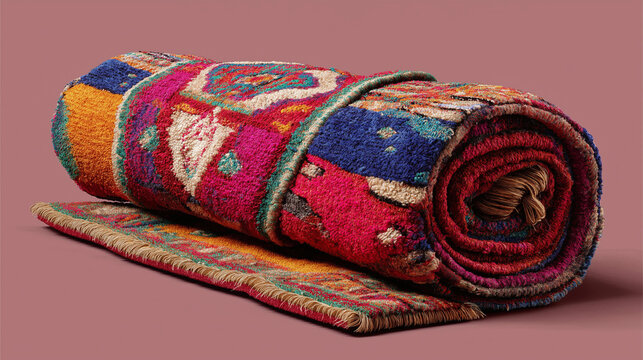 Gerollter orientalischer Teppich mit traditionellem Muster und kr&auml;ftigen Farben. K&uuml;nstliche Intelligenz KI