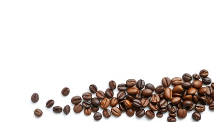 Aromatic coffee beans scattered against a pristine white background creating a rich visual experience