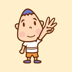 ３本の指を立て手を突き上げる男の子のイラスト／Illustration of a boy pointing up three fingers