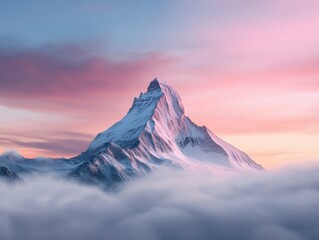 Snowy mountain peak in the clouds