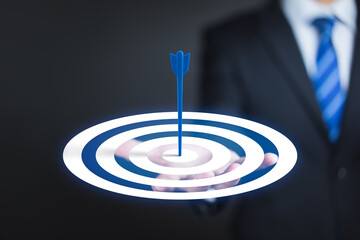 Target audience targeting concept. Arrow hits a target circle. Market research. Bulls-eye....