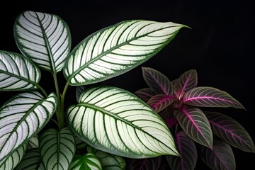 Obraz premium Exotic Plants with Intricate Leaf Patterns on Black Background