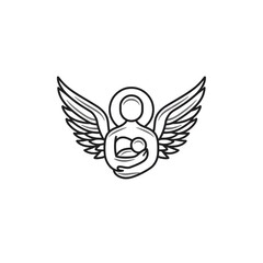 angel wing icon with baby resting at center of mother?s protective arms in light linear vector form white background