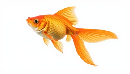 A stunning goldfish with flowing fins, swimming motion captured mid air, isolated on a pure white background (RGB 255,255,255), full body visible, crisp sharp focus, clean edges