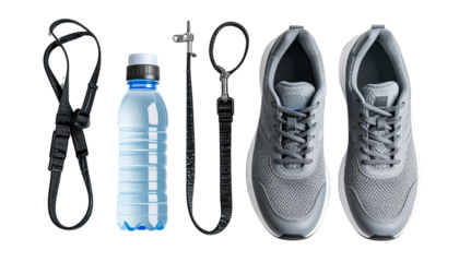Urban Dog Walker Gear: leash, sneakers, and a reusable water bottle set for dog walking, laid out neatly and isolated on a white background, realistic style, representing modern pet ownership in the 