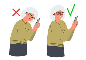 Correct good position vs bad incorrect posture for holding PHONE. Right and wrong back, neck and legs poses of Old woman, elderly person at standing. Vector illustration.