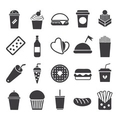 Fast-Food Silhouette Icon Set Black on White Background.