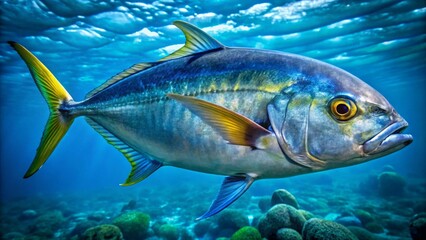 Naklejka premium Oceanic Fish with Vibrant Yellow Tail Fin Swimming Through Deep Blue Water Amongst Coral Reef