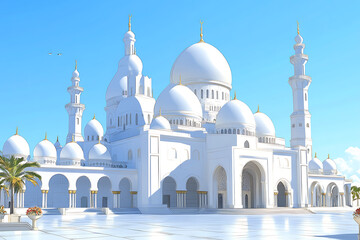 Majestic white mosque with domes and minarets under a clear blue sky, surrounded by palm trees