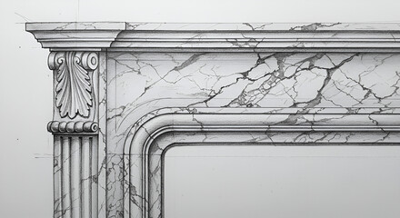 Fototapeta premium Detailed architectural drawing of a marble fireplace mantel. A meticulously drawn design showcases the intricate details of the mantelpiece