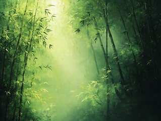 Lush green bamboo forest interior with soft light.