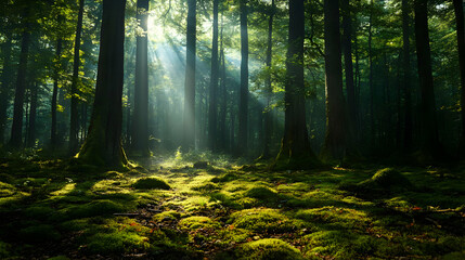 Obraz premium Sunbeams in a Magical Forest: Serene Nature Photography