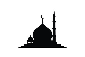 Mosque Silhouette with Crescent Moon Isolated on White