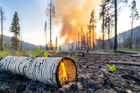 A charred forest landscape with smoldering tree stumps and an orange smoky sky in the background illustrating the aftermath of wildfires. - Powered by Adobe