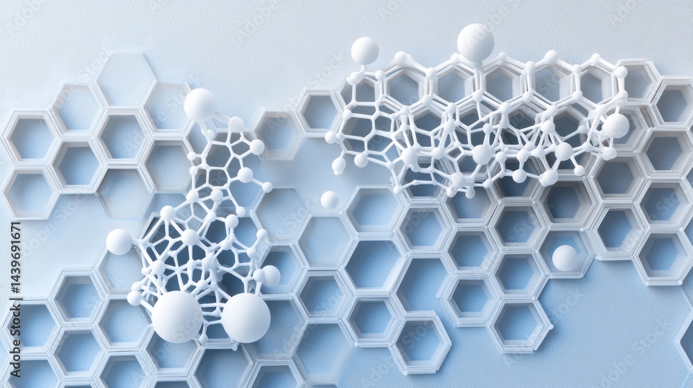 Poster molecular structure forming a pattern on a blue background, for use in presentations