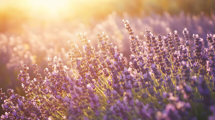 Naklejka premium Lavender Field at Sunset: A Stunning Floral Landscape