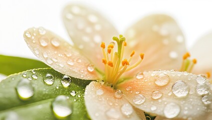 Fototapeta premium Dew-kissed blossom, pale petals, vibrant stamens, green leaves