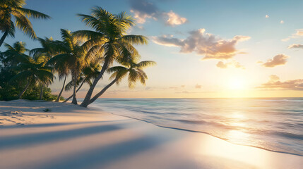 Serene Sunset on Tropical Beach: Palm Trees Golden Hour and Ocean Waves