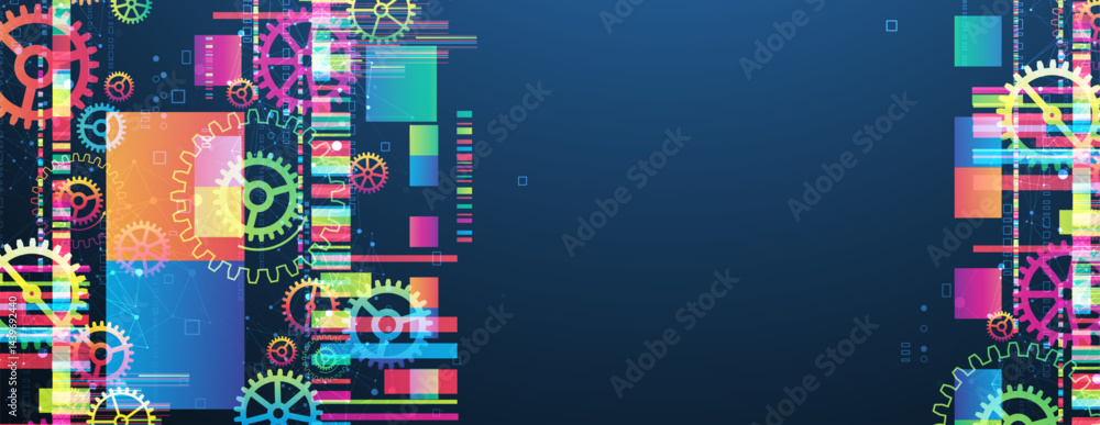 Poster Abstract technological background with colored gears and multicolored rectangles and plexus effect. Vector