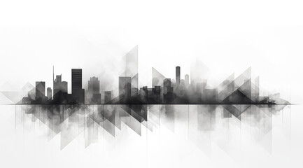 Fototapeta premium A monochromatic silhouette of a city skyline, blended with abstract shapes and a foggy atmosphere.