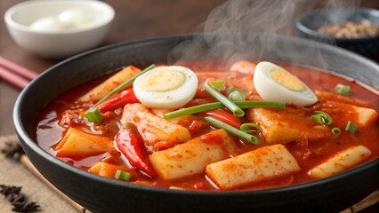 Spicy Korean Tteokbokki Rice Cakes in Glossy Red Sauce