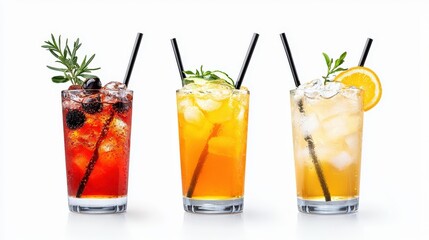 Fototapeta premium Three refreshing iced summer cocktails with ice cubes garnished with rosemary and fruit slices in tall glasses on white background perfect for summer menu design.